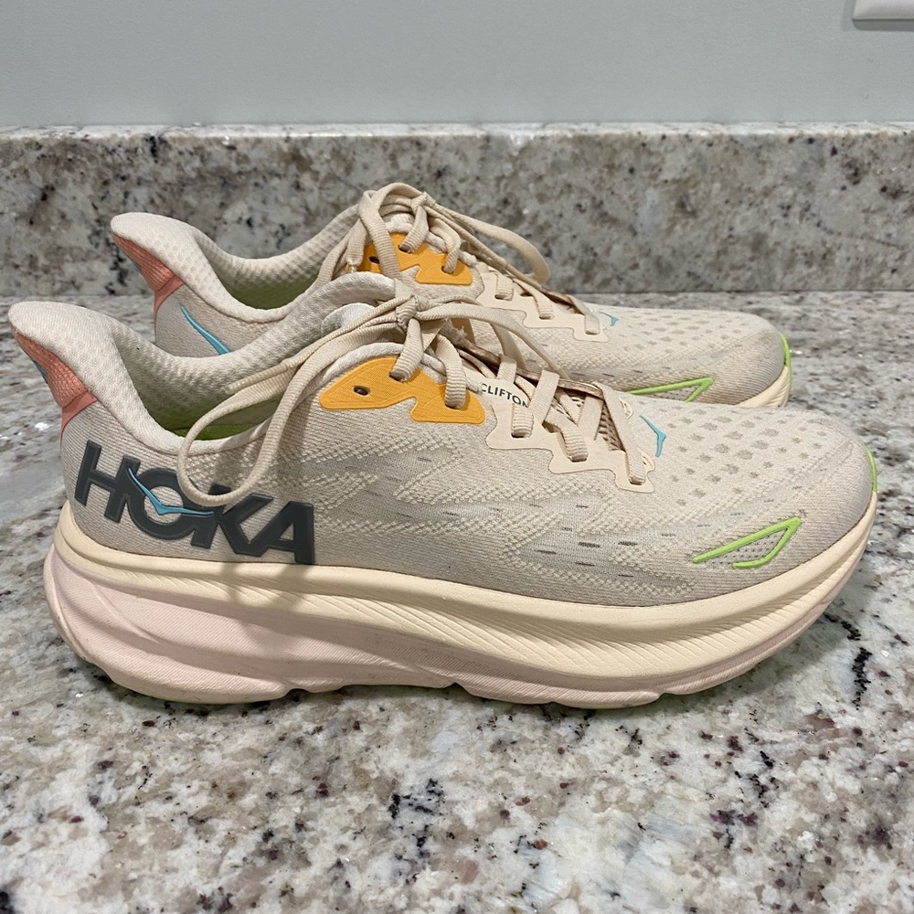 Hoka Women's Beige Athletic Shoes with Yellow and Green Accents